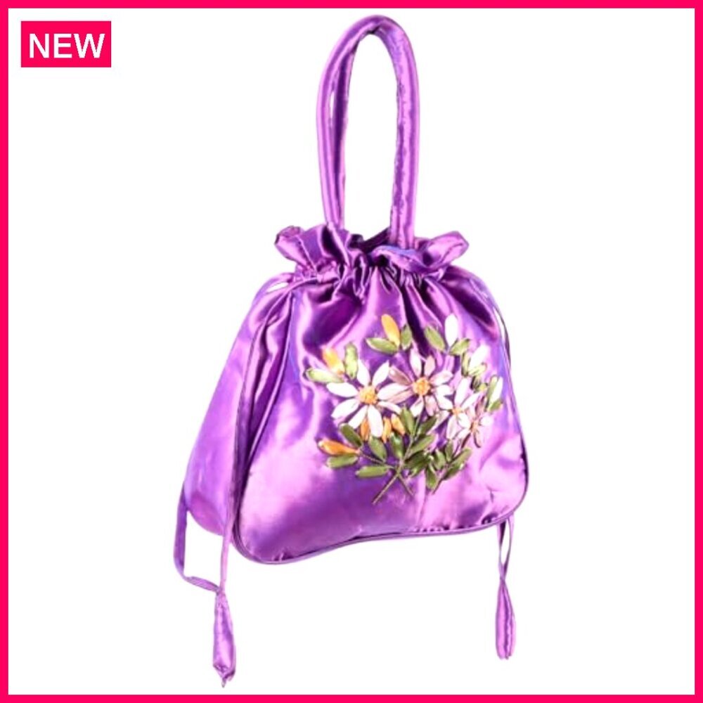 Silk Drawstring Tote Bag with Embroidery, 8.66x8.66 Inches - Picture 2 of 8